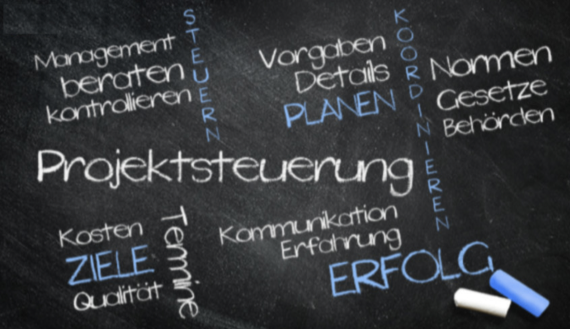 Projektsteuerung – Schlüsselbegriffe auf einer Tafel